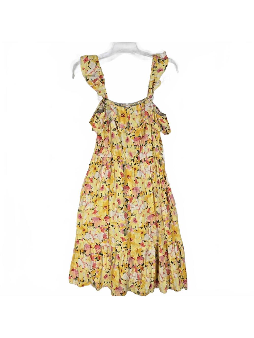 Lauren Conrad Floral Ruffle Sun Dress Large Yellow Rayon Linen Boho Cottagecore - Picture 2 of 6
